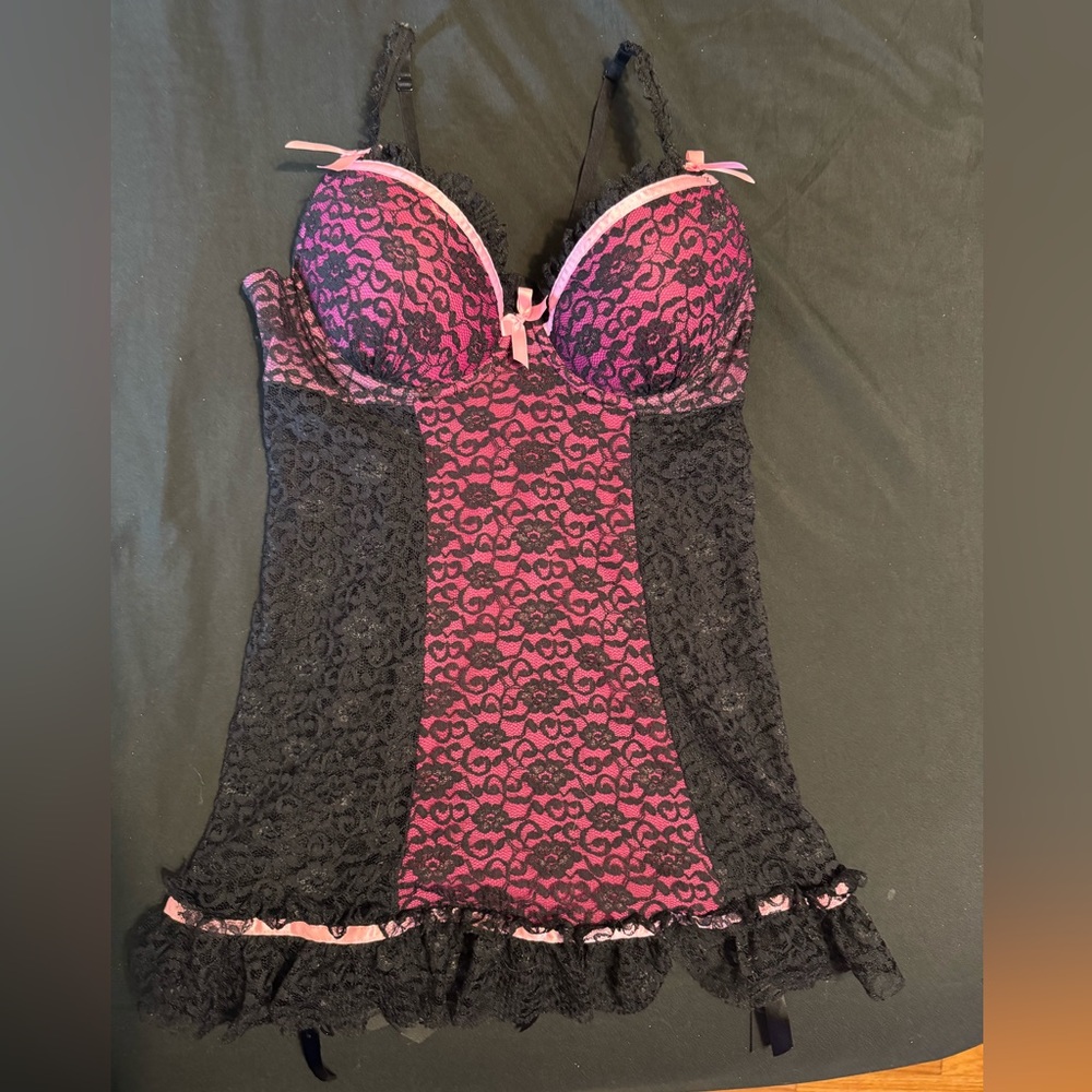 Victoria's Secret Black and Pink Lace Chemise